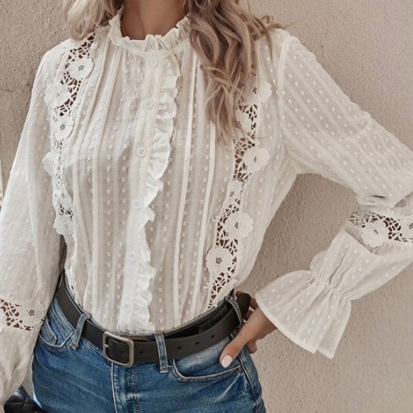 New Boho White Lace Long Sleeve Blouse Top - Picture 3 of 11